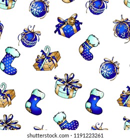 Vector seamless in christmas design: boots, gift boxes, christmas boots. Blue and gold holiday christmas design.