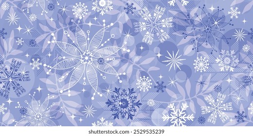 Vector seamless christmas hand drawn floral pattern with snowflakes and leaves and stars. Bokeh.