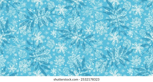 Vector seamless christmas hand drawn floral pattern with snowflakes and leaves and stars