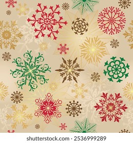 Patrón dibujado a mano de Navidades sin costura de Vector con copos de nieve y estrellas verdes y rojas y doradas	
