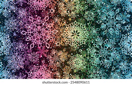 Patrón de arco iris dibujado a mano de Navidades sin costura de Vector con copos de nieve y confeti en la oscuridad