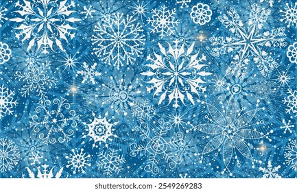 Patrón azul dibujado a mano de Navidades sin costura de Vector con copos de nieve y estrellas blancas doodle 