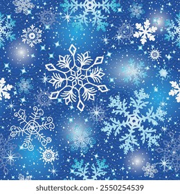 Vector seamless Christmas hand drawn blue pattern with white doodle snowflakes and stars