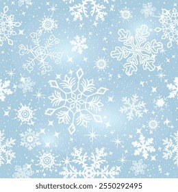 Patrón azul suave dibujado a mano de Navidades sin costura de Vector con copos de nieve doodle y estrellas y manchas