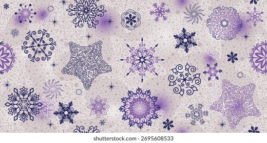 Patrón dibujado a mano de Navidades sin costura de Vector con copos de nieve de encaje y estrellas sobre un fondo suave	
