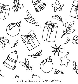 Vector seamless christmas hand drawn pattern. Black and white pattern with decorative gifts, rings, balls, stars, holly branches and mistletoe