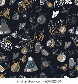 Vector Seamless Christmas hand drawn pattern. Grunge style. For textile or book covers, manufacturing, wallpapers, print, gift wrap.