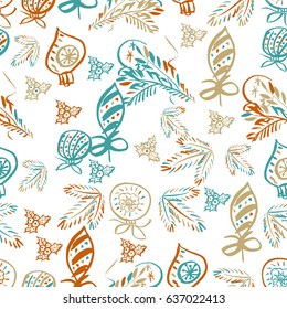 Vector Seamless Christmas hand drawn pattern. Grunge style. For textile or book covers, manufacturing, wallpapers, print, gift wrap.