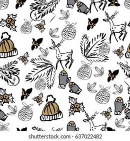 Vector Seamless Christmas hand drawn pattern. Grunge style. For textile or book covers, manufacturing, wallpapers, print, gift wrap.