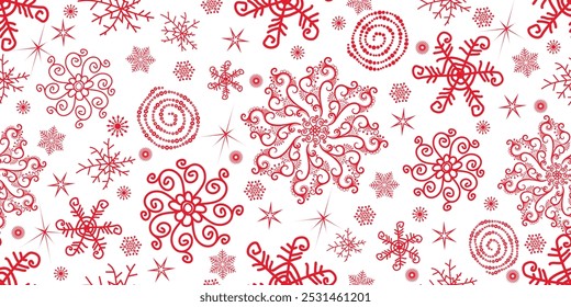 Vector seamless Christmas hand drown monochrome pattern with red snowflakes and stars on a transparent background