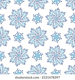 Patrón geométrico ahogado a mano de Navidades sin costura de Vector con copos de nieve degradados azules sobre un fondo transparente