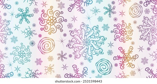 Patrón de arco iris ahogado a mano de Navidades sin costura de Vector con copos de nieve y estrellas sobre un fondo blanco
