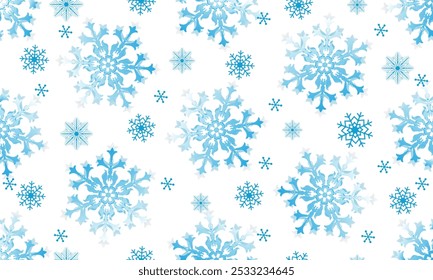 Vector seamless Christmas hand drown geometric pattern with blue gradient snowflakes on a transparent background	
