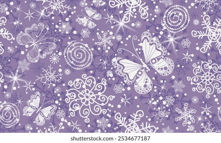 Patrón de ahogamiento de manos de Navidades sin costura de Vector con copos de nieve y mariposas sobre un fondo violeta suave	
