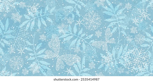 Vector seamless Christmas hand drown pattern with snowflakes and butterflies on a blue background	