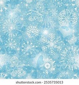 Patrón azul ahogado a mano de Navidades sin costura de Vector con copos de nieve y mariposas y estrellas	
