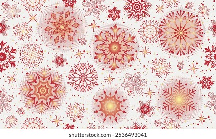 Vector seamless Christmas hand drown pattern with gradient snowflakes and stars on white