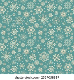 Vector de Navidades sin costura ahogar a mano patrón bicolor con copos de nieve blancos y estrellas sobre un fondo verde	
