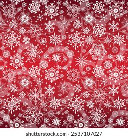 Vector seamless Christmas hand drown pattern with white snowflakes and stars on a red gradient background	

