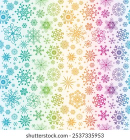 Patrón de arco iris de gradiente ahogado a mano de Navidades sin costura de Vector con copos de nieve y estrellas sobre un fondo blanco	
