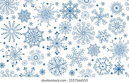 Patrón monocromático ahogado a mano de Navidades sin costura de Vector con copos de nieve azul oscuro y estrellas sobre un fondo transparente	
