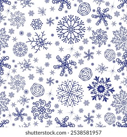 Vector seamless Christmas hand drown monochrome pattern with dark blue snowflakes and stars on a transparent background	
