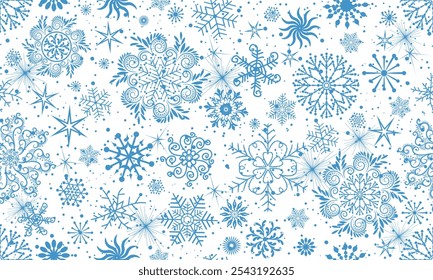 Vetor mão de Natal sem costura afogar padrão monocromático com flocos de neve azul escuro e estrelas em um fundo transparente