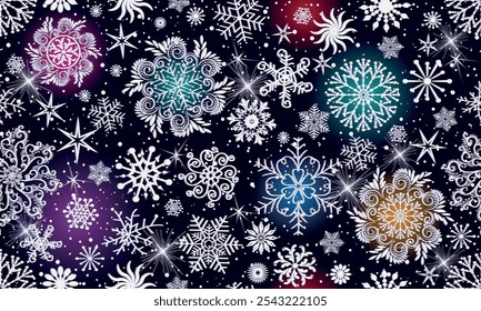 Vector seamless Christmas hand drown colorful pattern with snowflakes and stars and vivid spots on a dark background