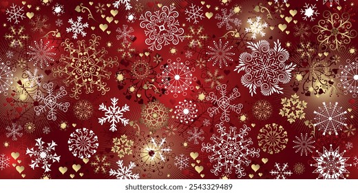 Vector seamless Christmas hand drown pattern with snowflakes and stars and spots on a dark red gradient background
