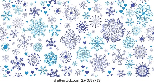 Vetor mão de Natal sem costura afogar padrão bicolor com flocos de neve de doodle escuro e estrelas em um fundo transparente