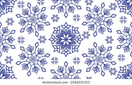 Vector seamless Christmas hand drown monochrome pattern with dark blue snowflakes on a transparent background	
