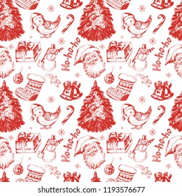 Vector seamless Christmas and Happy New Year background. Hand drawn winter holidays illustration in vintage style for print, textile, wrapping, banner and other seamless design. 
