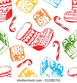 Vector seamless Christmas and Happy New Year background. Hand drawn winter holidays illustration in vintage style for print, textile, wrapping, banner and other seamless design. Colored on white.