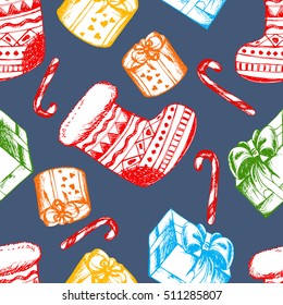 Vector seamless Christmas and Happy New Year pattern. Hand drawn winter holidays illustration in vintage style for print, textile, wrapping, banner and other seamless design. Colored on gray.