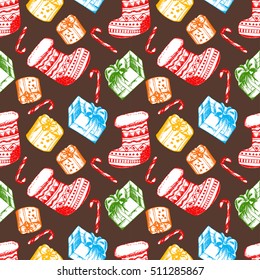 Vector seamless Christmas and Happy New Year pattern. Hand drawn winter holidays illustration in vintage style for print, textile, wrapping, banner and other seamless design. On brown background.