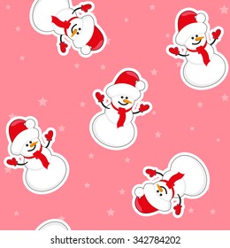 Vector seamless christmas holiday background: snowman in santa hat and stars