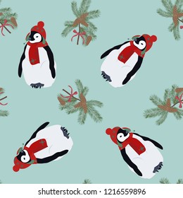 Vector seamless christmas illustration with penguins in hat and scarf. For decoration of textiles, packaging, web design.