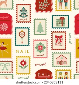 Vector Seamless Christmas Mailbox and Stamps Pattern