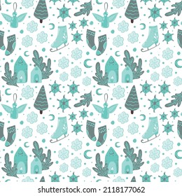 Vector seamless Christmas or New Year ornament for wrapping paper or textile with the image of New Year's decor (skates, Christmas toys, snowflakes). Flat design. Ornament in shades of blue.