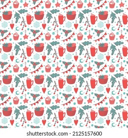 Vector seamless Christmas or New Year ornament for wrapping paper or textile with the image of New Year's decor (skates, Christmas decorations, snowflakes). Flat design. Ornament in red-blue shades.
