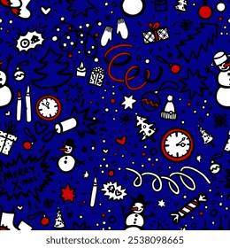 Vector sin fisuras Navidades y patrón de año Nuevo con muchos atributos dibujados a mano sobre un fondo azul