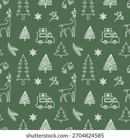 Vektor nahtloses Weihnachts- und Neujahrsmuster. Weiße lineare Winterelemente einzeln auf grünem Hintergrund. Endlose Textur zum Verpacken von Papier, Tapeten, Webbanner-Hintergründen oder Stoffmustern.