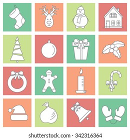 vector seamless Christmas, New Year line  icons set