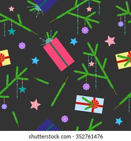  vector seamless christmas and new year pattern with presents and christmas tree branches on dark grey background