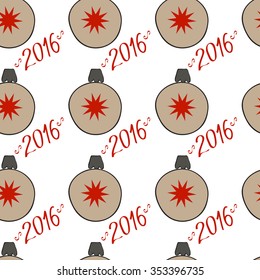 Vector Seamless Christmas and new Year 2016 pattern.Decorative cartoon colored christmas balls with red stars Festive texture for holidays,celebration.Hand drawn wallpaper and background for wrapping