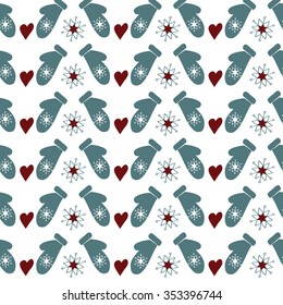 Vector Seamless Christmas and New Year pattern.Decorative blue isolated mittens with snowflakes.Festive texture for holidays.Hand drawn wallpaper and background for wrapping with love and care idea