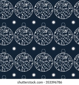 Vector Seamless Christmas and new Year pattern.Decorative white ornate christmas balls. Festive texture for holidays and celebration. Hand drawn wallpaper and background for wrapping