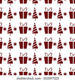 Vector Seamless Christmas and New Year pattern.Decorative illustration with christmas gift boxes and trees.Festive texture for holidays and celebration.Hand drawn wallpaper and background for wrapping