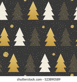 Vector Seamless Christmas and New Year patterns on blackboard. Styliesed snowballs and christmas trees in black, white and gold colors.