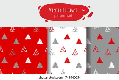 Vector seamless Christmas and New Year cartoon pattern set. Red white and gray winter patterns for paper, textile, handmade decoration, scrap-booking, polygraphy, t-shirt, cards.